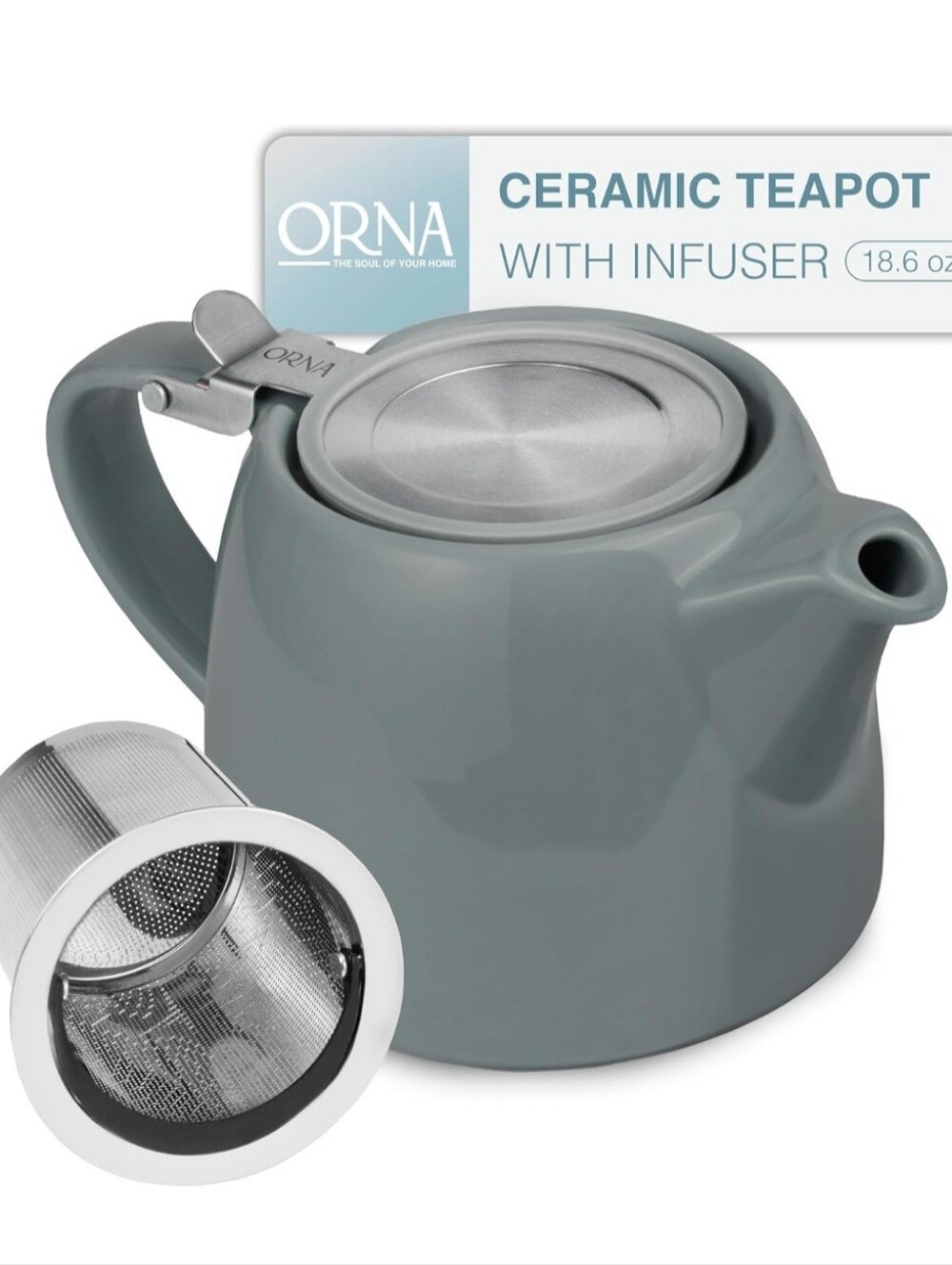 Amazon Gray Ceramic Teapot with Stainless Steel Lid and Infuser